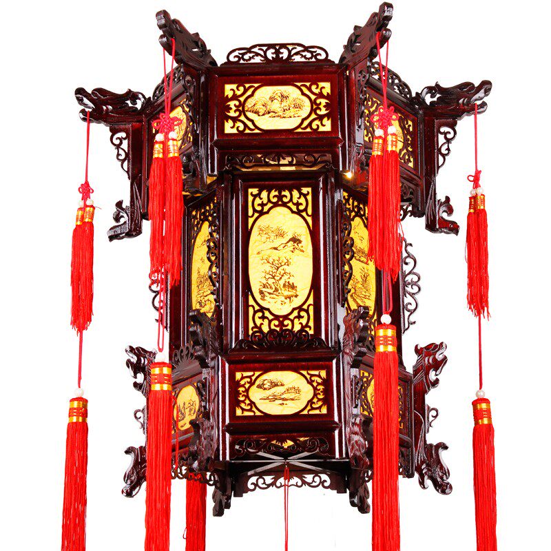 中式仿古实木宫灯户外防水结婚阳台乔迁广告灯笼走马茶楼羊皮吊灯