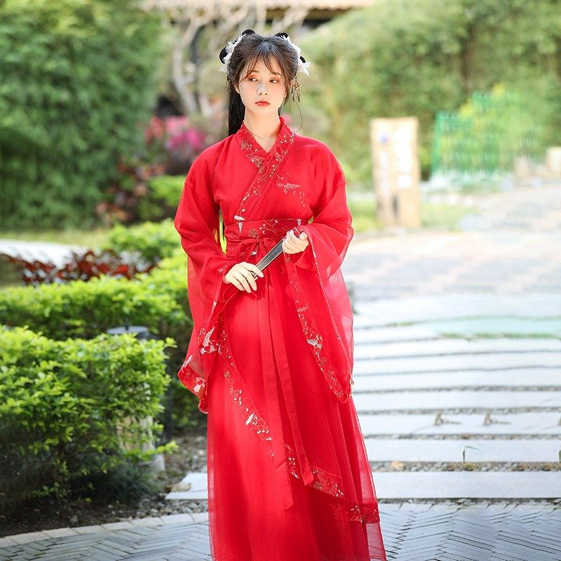 古装服装仙女飘逸广袖舞台装古筝舞蹈演出服古代改良中秋汉服红色