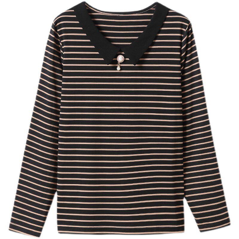 中老年妈妈春秋装新款时尚洋气翻领大码条纹上衣服纯棉长袖t恤女