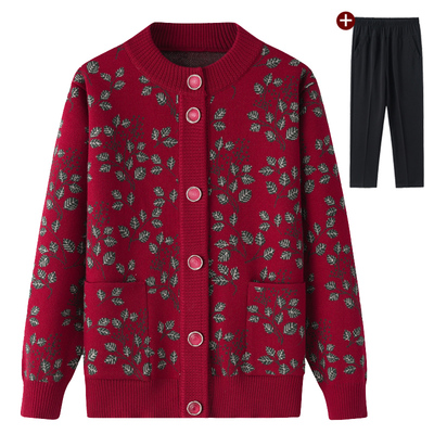 老年妈妈加绒毛衣开衫冬装中老年女装上衣奶奶保暖衣服春秋装外套