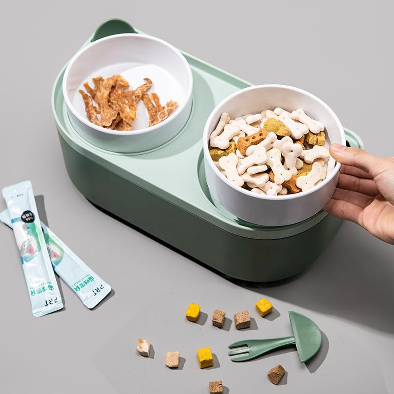 宠物猫咪陶瓷双碗防打翻高脚护颈带储量桶一体可爱狗狗食盆小型犬