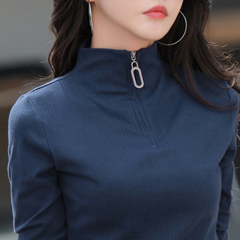 拉链半高领纯棉针织长袖t恤女大码显瘦老人针织衫中年妈妈打底衫