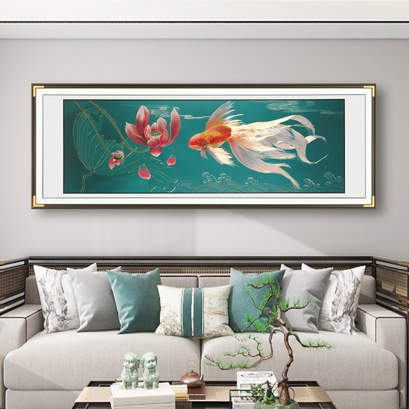客厅沙发背景墙装饰画九鱼图铜雕画荷花鱼大白墙挂画中式高端大气