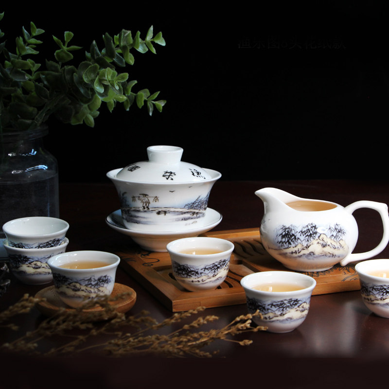 唐山红玫瑰骨质瓷功夫茶具套装盖碗茶杯水墨风格礼盒装渔乐图8头
