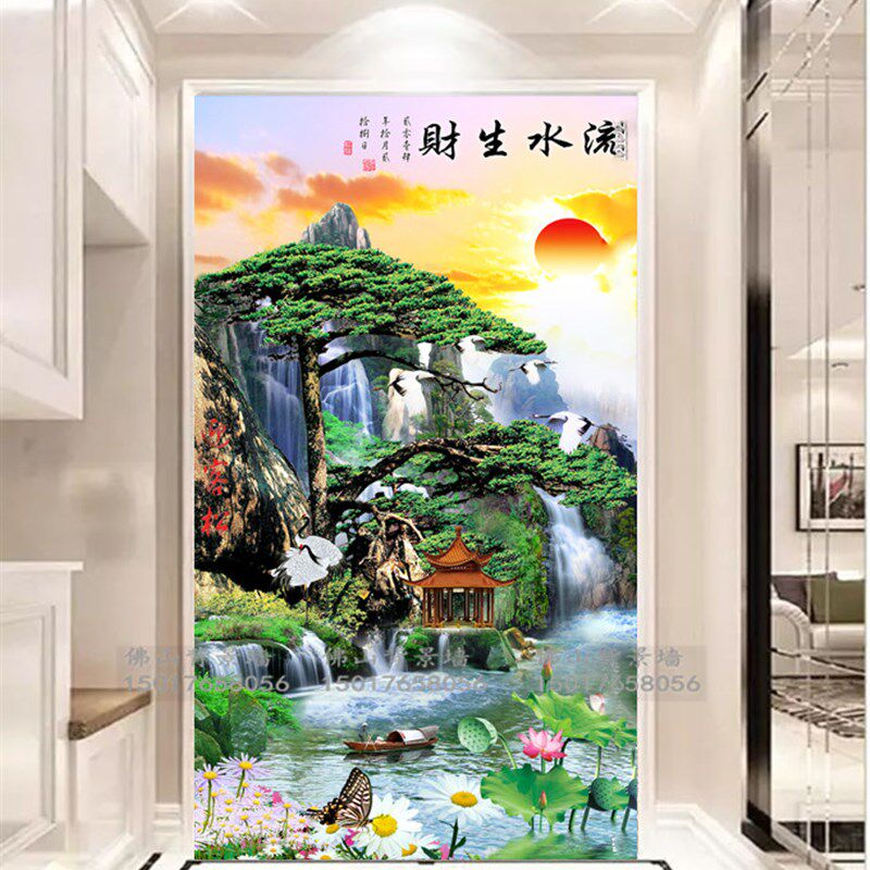 玄关瓷砖背景墙岩板微晶石大理石简约轻奢3d立体山水迎客松新中式