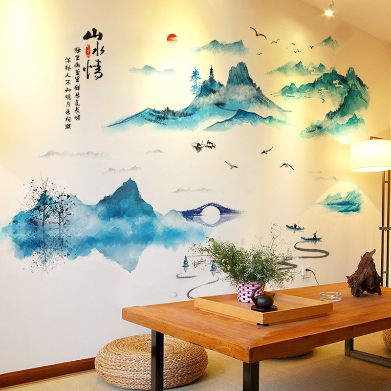 中国风古风字画客厅背景墙装饰贴纸山水画墙纸自粘3d立体墙贴画