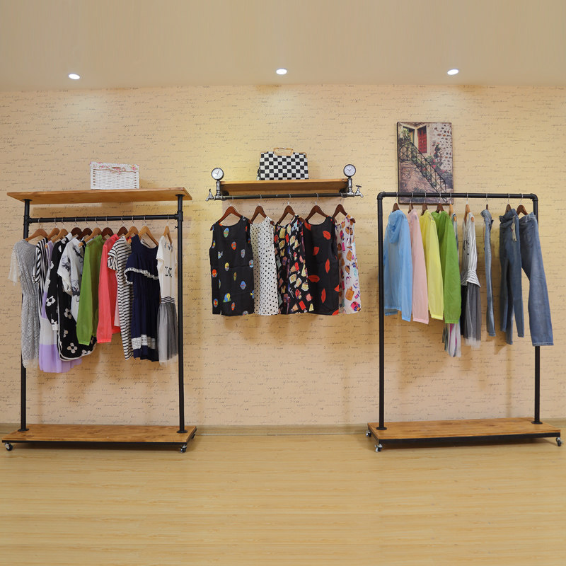 黑色服装架服装店衣架展示架落地式陈列货架复古货架男女装架带轮