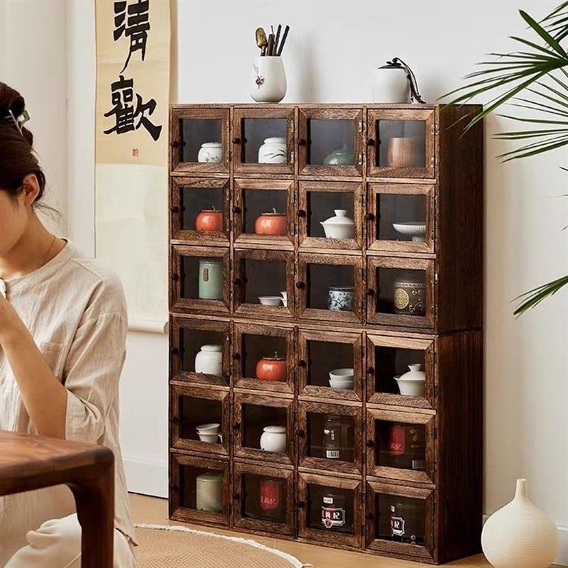 实木茶具收纳柜开门式紫砂壶多宝阁博古架茶壶茶杯架置物架陈列架
