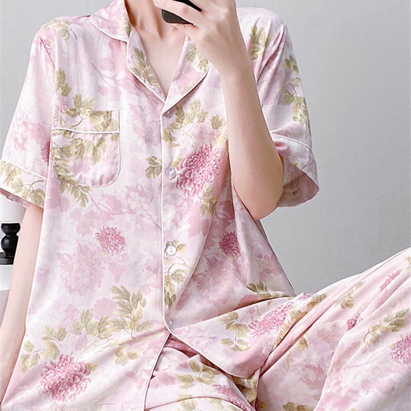 新款棉丝夏季女式短袖睡衣薄冰感透气家装棉丝宽松套装可以穿在外