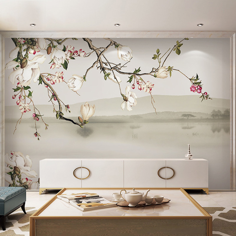 2019新款新中式玉兰花鸟墙纸客厅沙发电视背景墙壁画影视壁纸墙布
