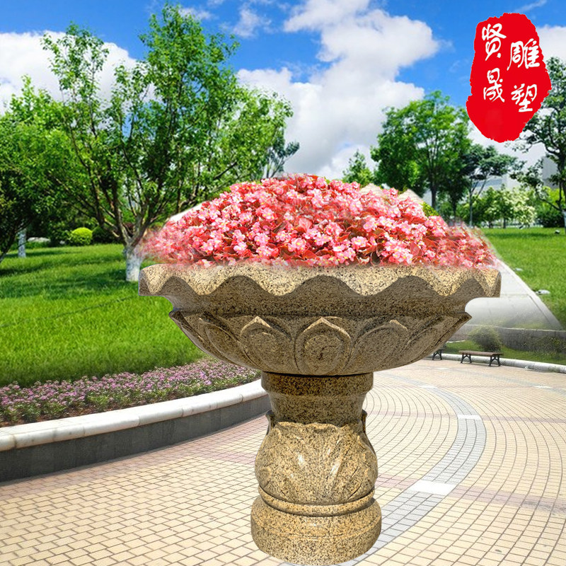 石雕黄绣石花鉢大理石花盆石盆户外庭院社区景观欧式花鉢盆栽装饰