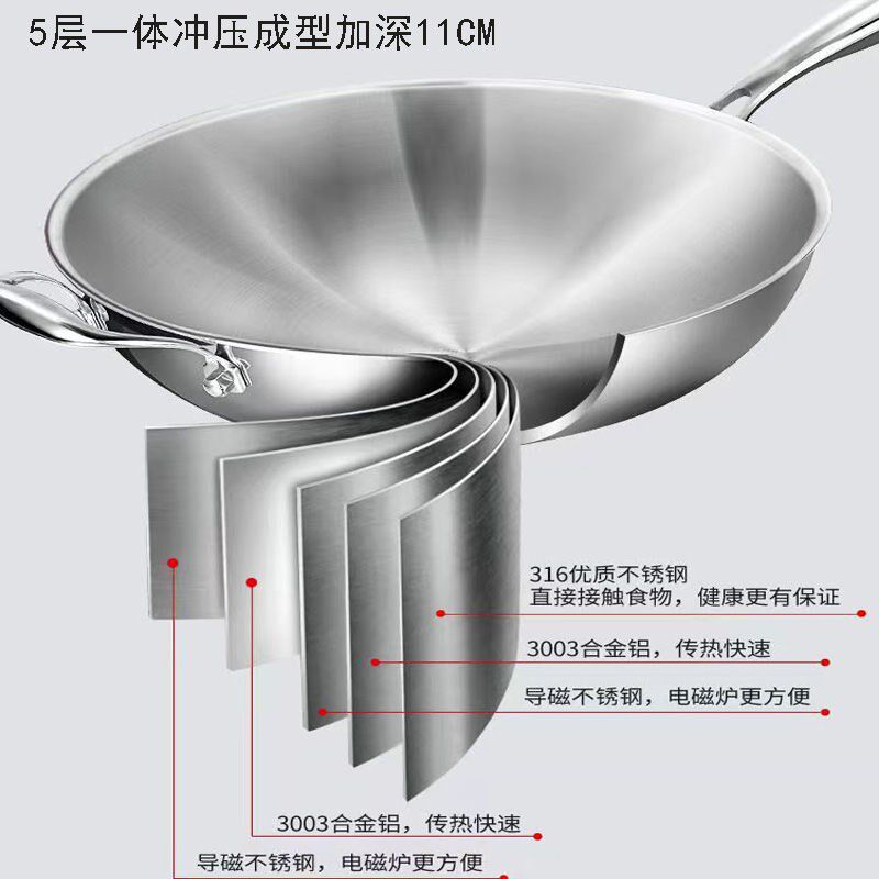 圆底锅316不锈钢炒锅无涂层不生锈凹面电磁炉燃气灶用双耳炖煮锅
