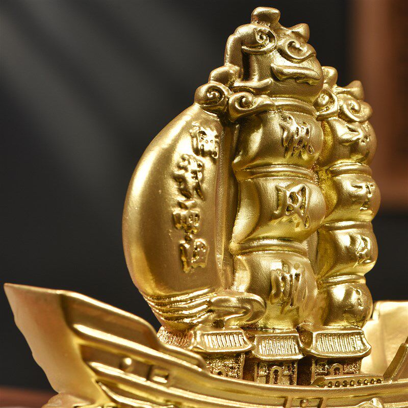 金色一帆风顺帆船木雕摆件实木家用船舱可放东西小船模型纯木制