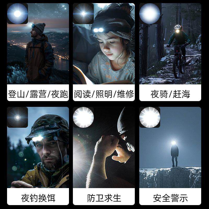 沃尔森头戴式强光感应头灯可充电夜钓户外远射便携超长续航照明灯