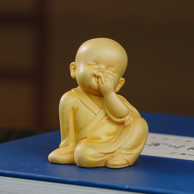 黄杨木雕三不和尚摆件呆萌小沙弥实木雕刻工艺品桌面饰品创意礼物