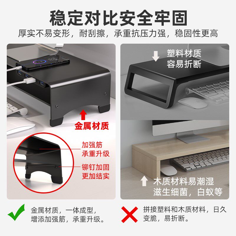 电脑显示器增高架 金属2层双层USB3.0台式桌面工位置物架抬高架