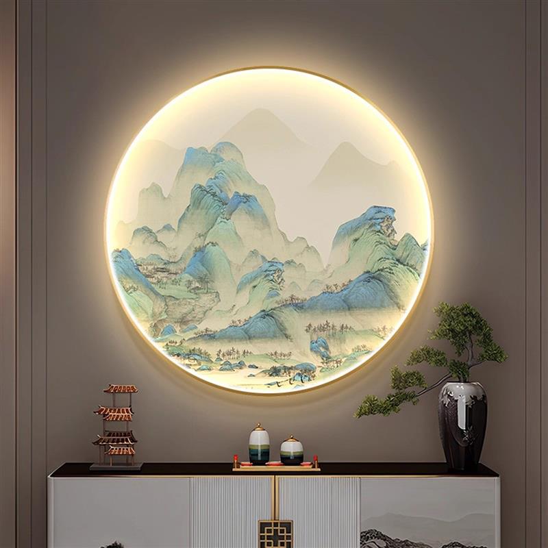 新中式千里江山图玄关装饰画灯饰画镶嵌凹槽壁画圆形带灯入户画