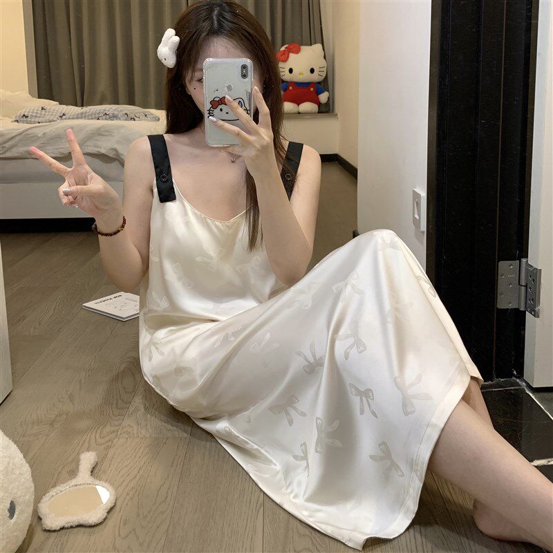 大码蝴蝶提花冰丝吊带睡裙女夏季2025新款宽松睡衣带胸垫家居服夏
