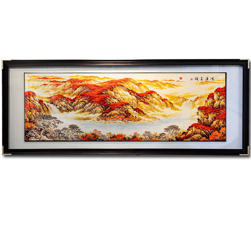 黄铜板鸿运当头客厅装饰画沙发背景墙挂画山水师傅纯手工雕刻别墅