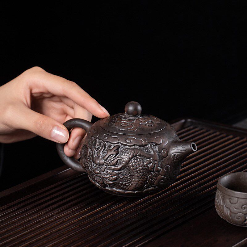 景德镇紫砂壶功夫茶具套装家用中式陶瓷泡茶壶茶杯子浮雕龙纹整套
