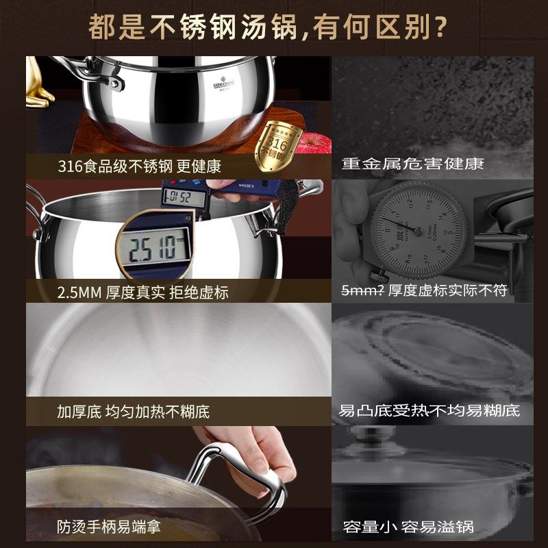 食品级316不锈钢汤锅家用2026新款加厚双耳电磁炉煮粥煮面煲汤锅