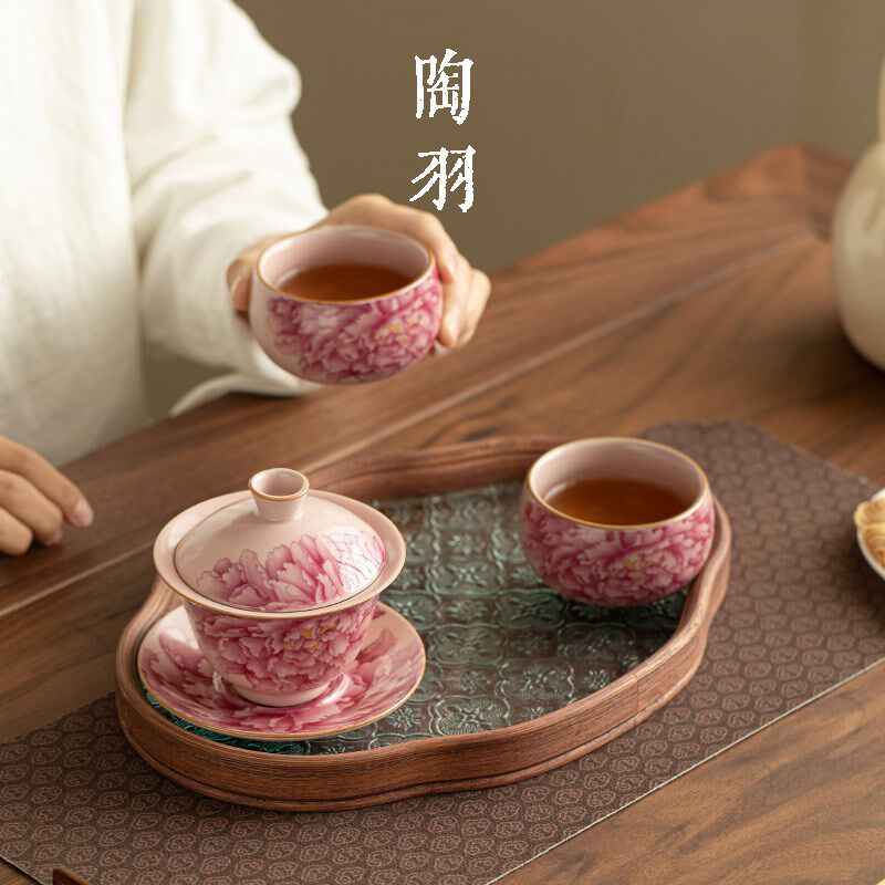 粉色汝窑国色天香三才盖碗家用陶瓷泡茶碗一壶两杯功夫茶具套装