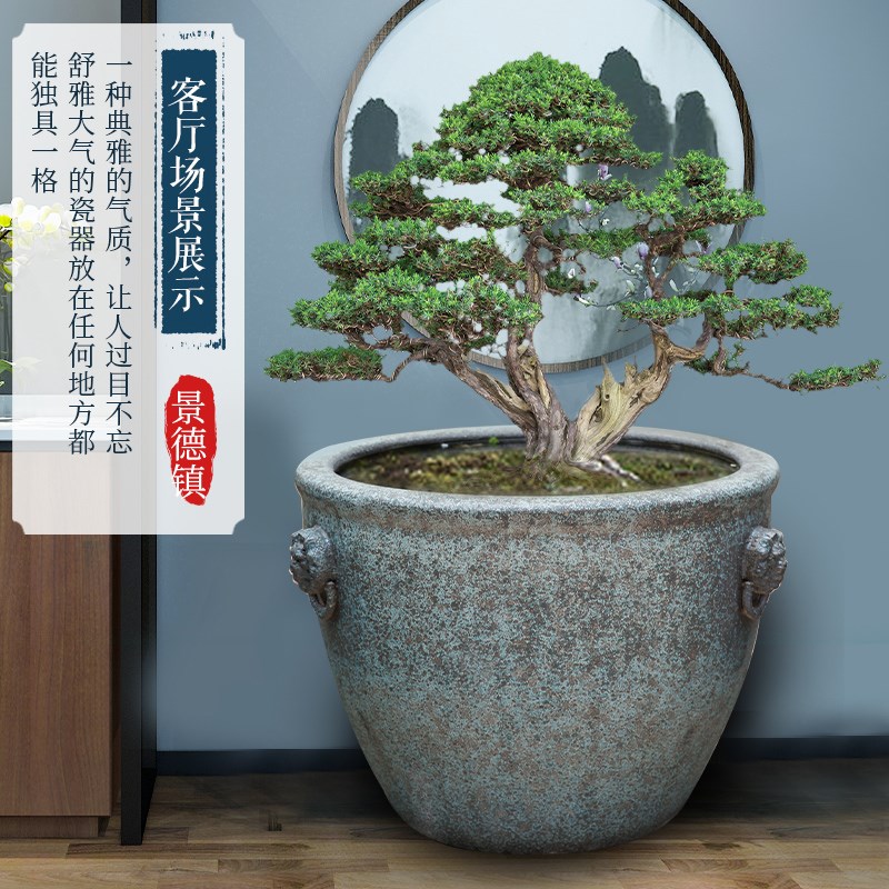 景德镇陶瓷圆形狮耳陶瓷鱼缸睡莲盆庭院荷花大缸仿石水缸锦鲤缸