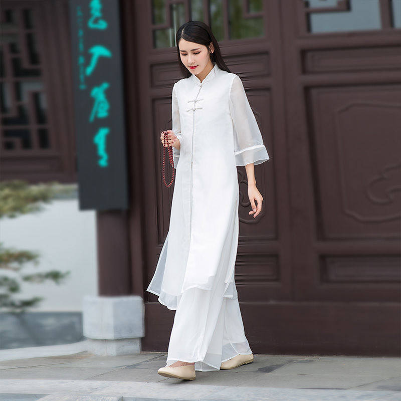 夏装禅意茶服复古汉服女套装中国风民族古风改良旗袍两件套连衣裙