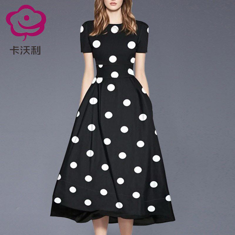 欧美时尚波点连衣裙女装2025新款夏洋气质修身显瘦雪纺裙子中长款