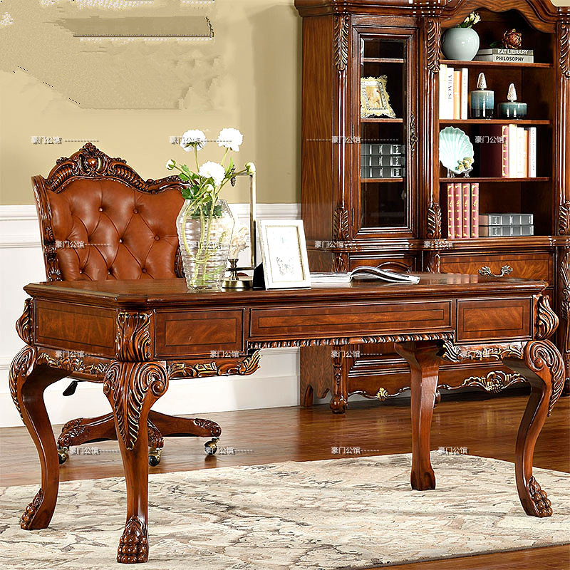 美式实木书桌办公桌电脑桌欧式书桌老板桌古典实木雕花书桌写字桌
