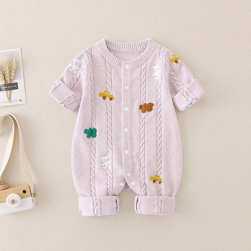 婴儿衣服可爱春秋针织棉线爬服男女宝宝满月毛衣新生儿连体衣套装