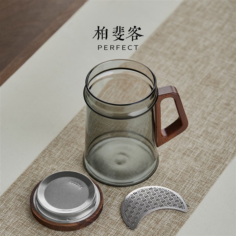 男士办公家用喝水泡茶杯厚底耐热玻璃绿茶杯可拆卸不锈钢月牙杯子