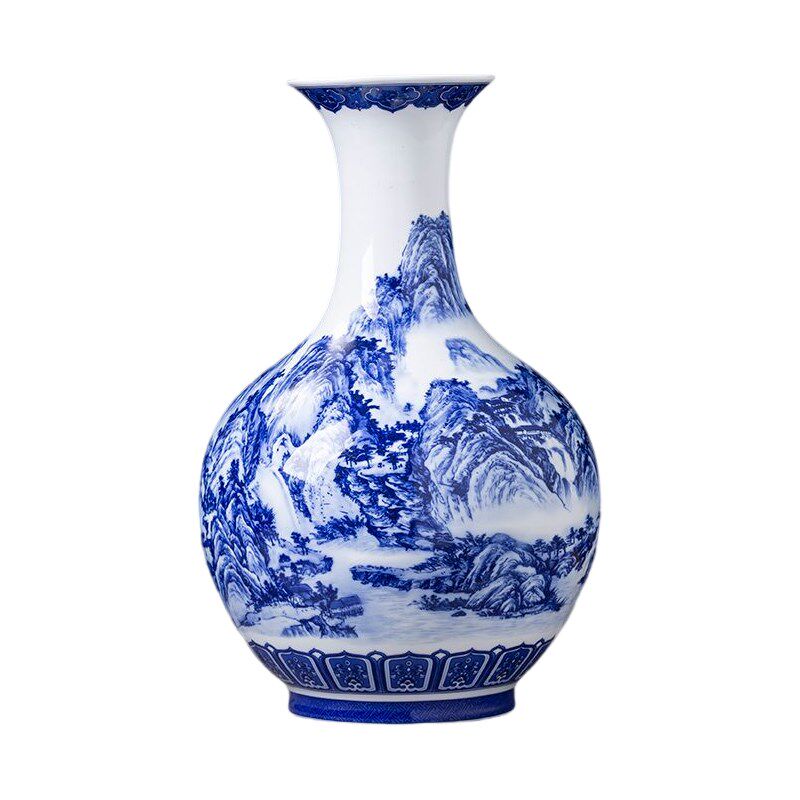 景德镇陶瓷器青花瓷花瓶山水千里江山赏瓶中式客厅家居装饰品摆件