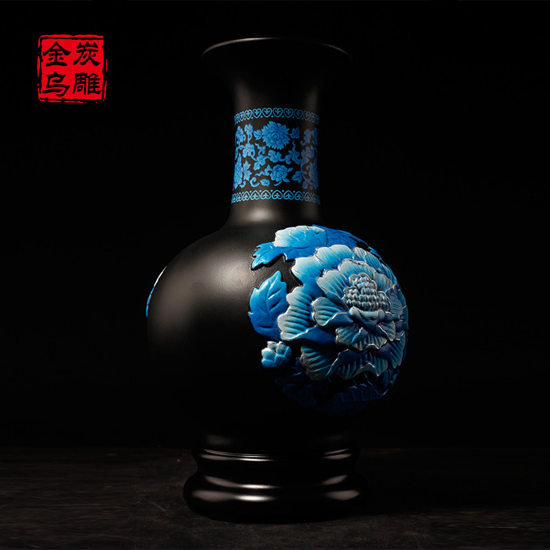 金乌炭雕 富贵芙蓉天球瓶 炭雕家居玄关客厅电视柜摆件花瓶工艺品
