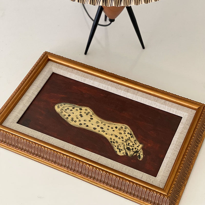 常玉复古画框欧式长方形可爱小豹子客厅餐厅斗柜书架玄关装饰画