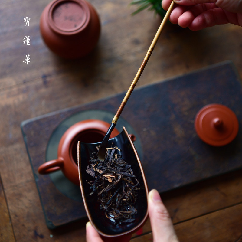 红湘妃竹镶花牛角茶拨 老料红湘妃茶勺茶匙竹茶扒 茶道零配六君子