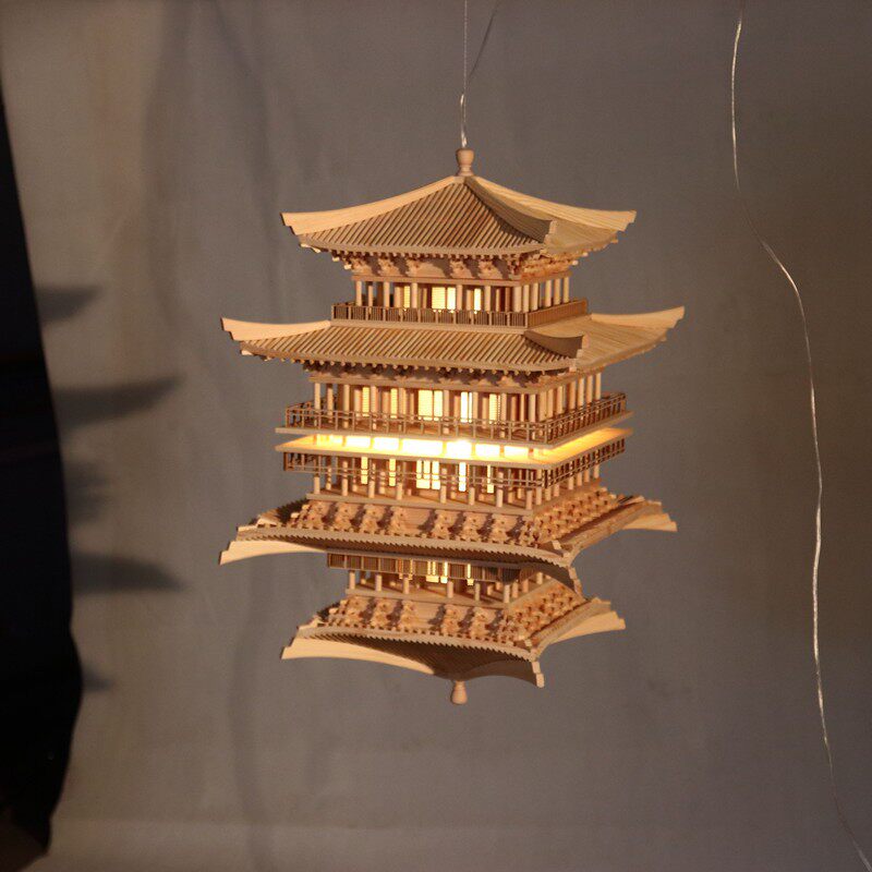 中式木雕古建筑软装场景装饰空中吊饰品悬挂饰品灯实木镜像倒影