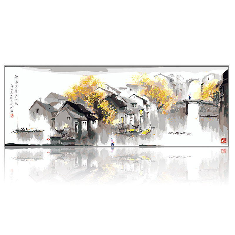 江南烟雨大幅横版diy填色数字油画中式风景中国风客厅装饰画古风