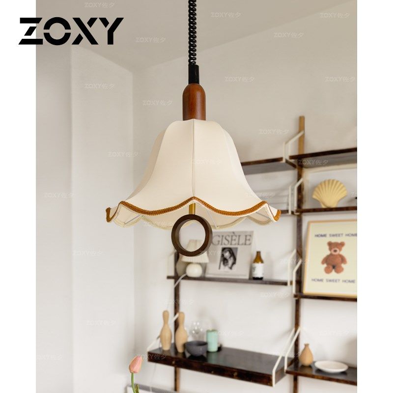 zoxy 中古风布艺餐厅小吊灯 实木伸缩吧台卧室房间浪漫法式餐桌灯