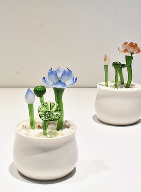 琉璃荷花小盆栽玻璃工艺品摆件创意家居饰品书桌面装饰品生日礼物