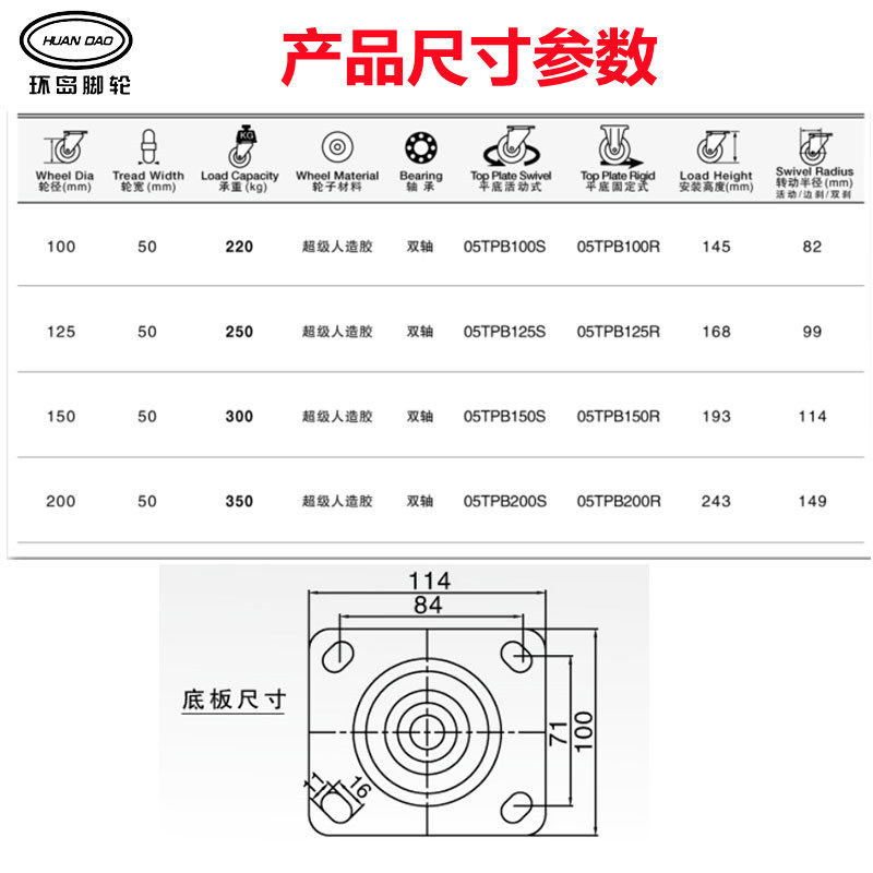 4 5 6 8英寸加重型完全静音无声橡胶万向轮脚轮带煞车孔距84*71mm