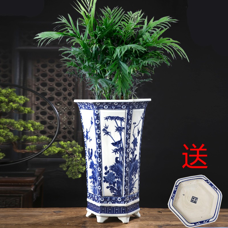 景德镇陶瓷花盆六方兰花卉花鸟植物手绘青花瓷花盆大号带托盘包邮