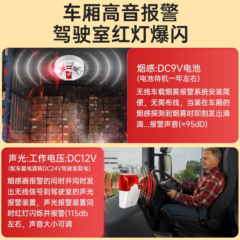 烟雾报警器车用货车物流车载烟感器消防无线感应声光警报器带磁铁