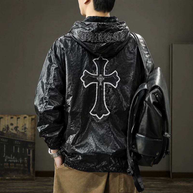 欧洲站连帽2026新款皮衣夹克男士潮流休闲机车服百搭刺绣外套上衣