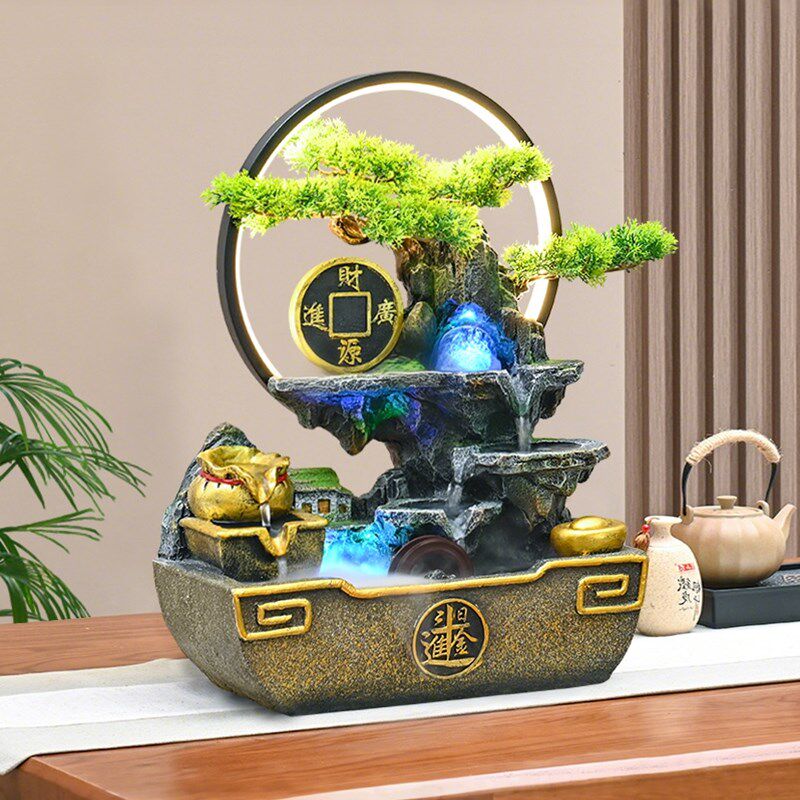 桌面风车流水摆件循环水办公招财生财风水轮装饰开业假山鱼缸转球