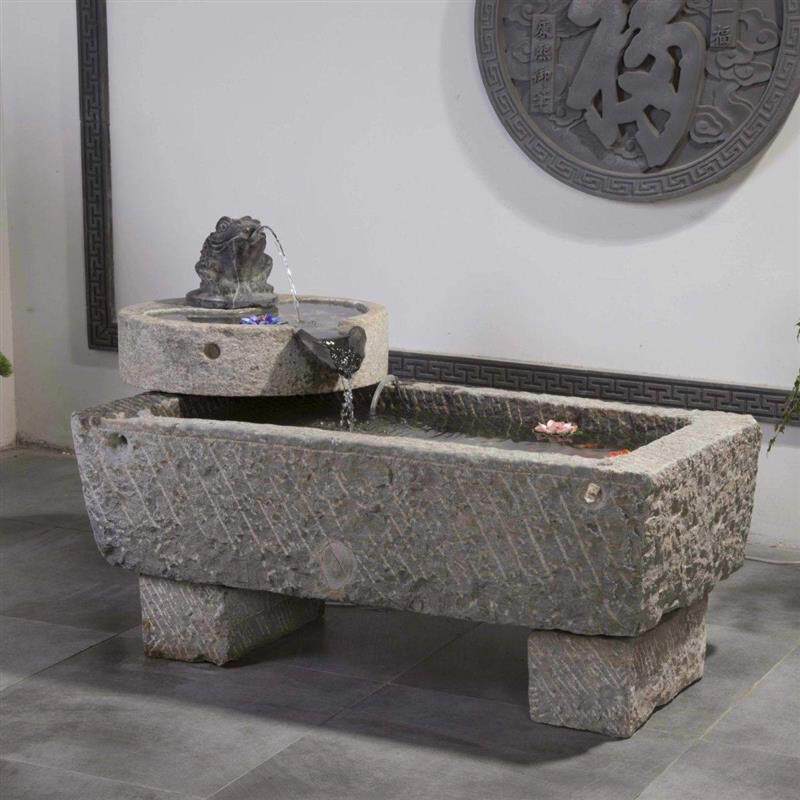老石磨盆鱼缸花盆老石槽墩布池牛槽石缸养鱼青石户外流水景观摆件