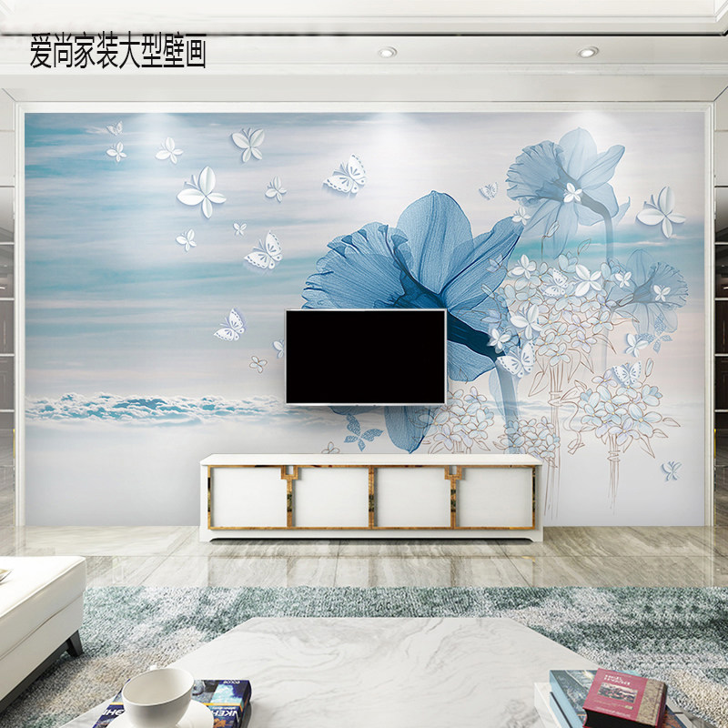 电视背景墙壁画8d立体蓝色花壁纸客厅卧室影视墙现代简约装饰墙纸
