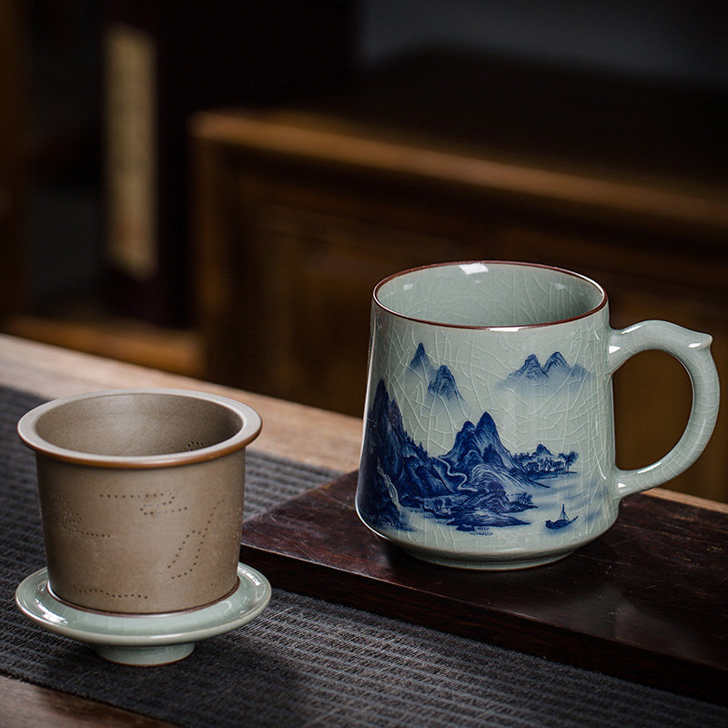 景德镇青花陶瓷泡茶茶杯茶水分离办公过滤带盖瓷杯子家用带把单杯