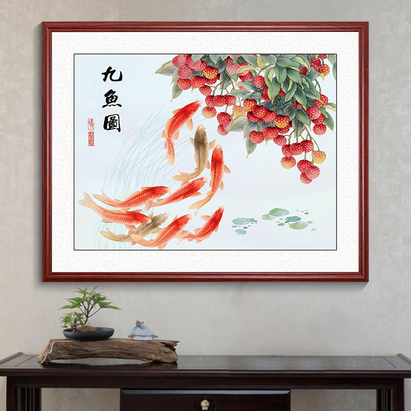 新中式电表箱装饰画九鱼图开关遮挡中国风配电箱挂画荔枝餐厅壁画