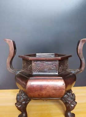六角狮子熏炉,纯铜中式客厅工艺品